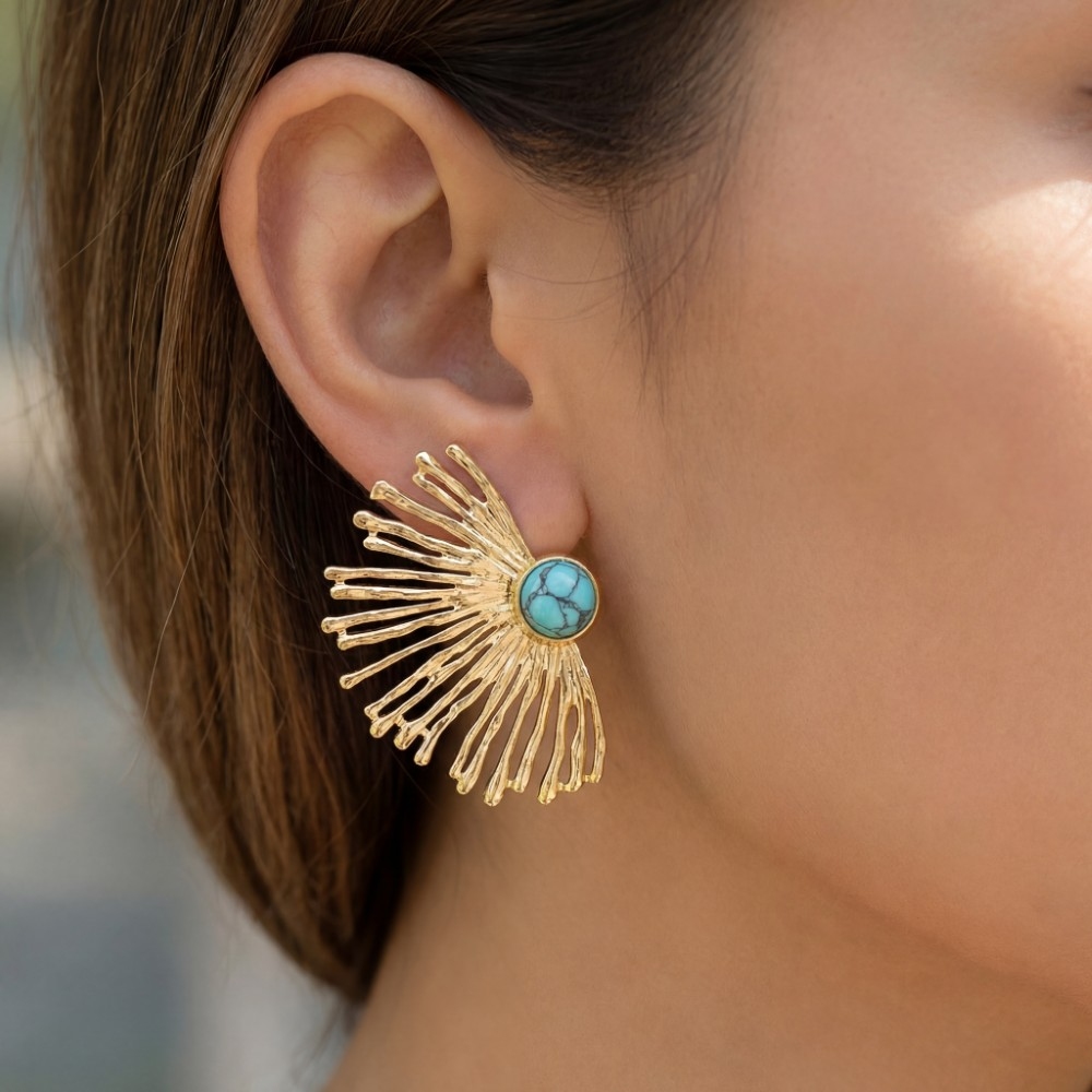 Stainless Steel Stone Center Fan Statement Earrings