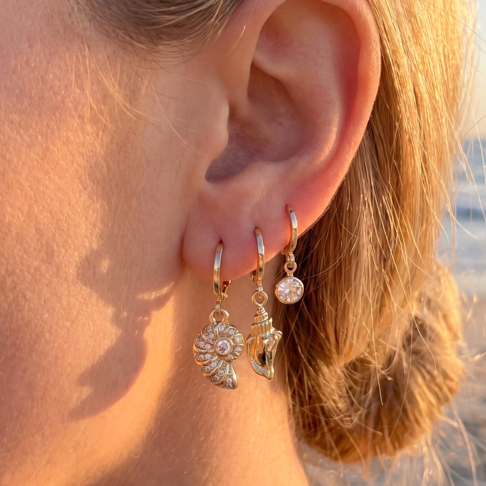 Cz Hamsa And Shell Charm Hoop Earring Set