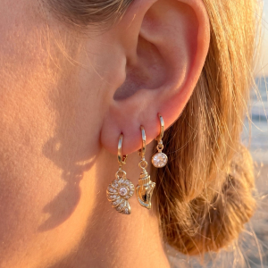 Cz Hamsa And Shell Charm Hoop Earring Set