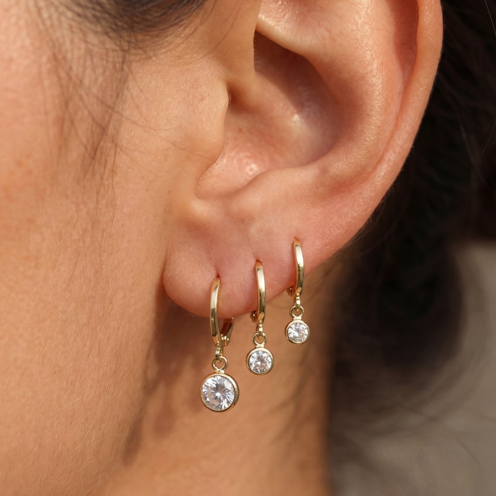 Cz Bezel Drop Charm Hoop Earring Set