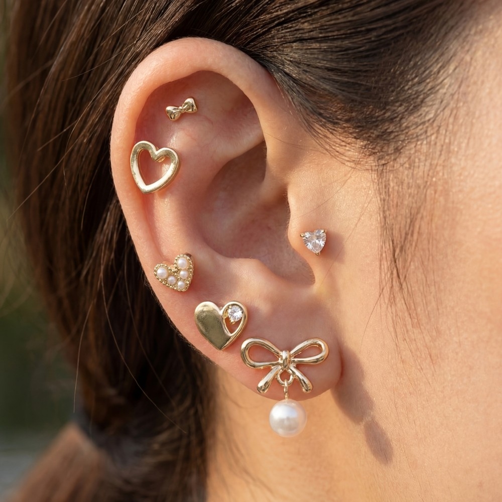 Heart Bow Pearl 5 Pair Earring Set