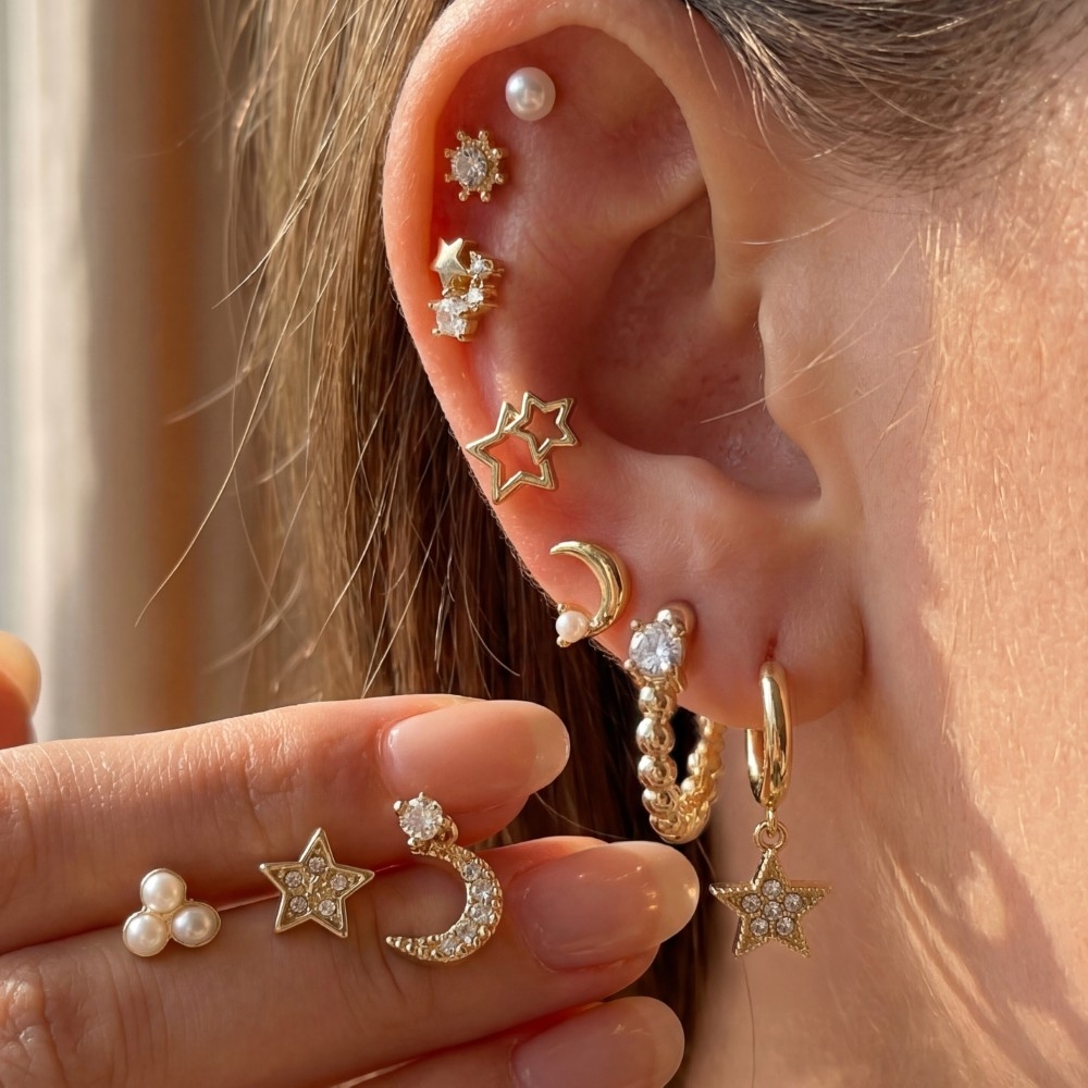 Star Moon Crystal 9 Pair Earring Set