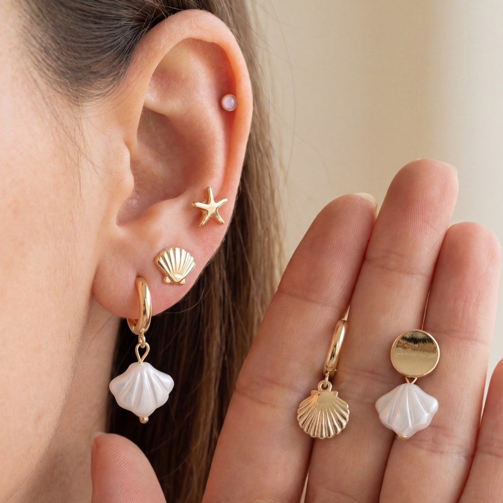 Gold Seashell Starfish Charm Earring Set