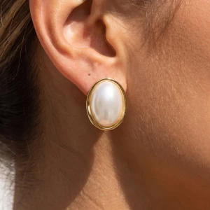 Domed Pearl Oval Bezel Stud Earrings