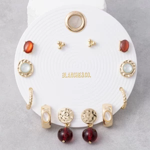 Stone Stud Huggie And Bead Drop Six Pair Earrings Set