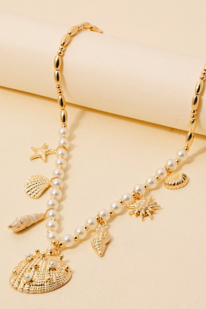 Sea Shell Charms Pearl Beaded Chain Necklace