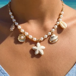Sea Life Charms And Pearl Beads Chain Necklace