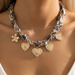 Assorted Heart And Flower Charms Bandana Braided Necklace