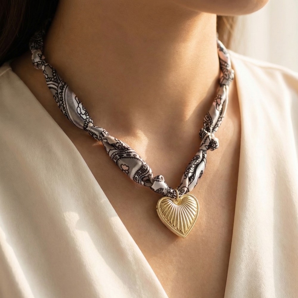 Textured Heart Pendant Knotted Bandana Necklace
