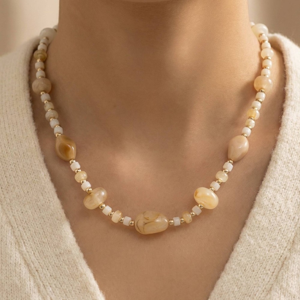 Mixed Light Earth Tone And Metallic Beaded Necklace