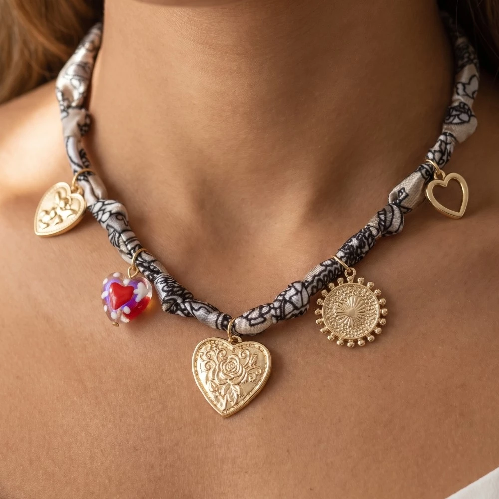 Heart And Coin Charms Bandana Necklace