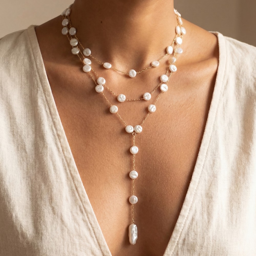 Triple Layer Coin Pearl Lariat Necklace