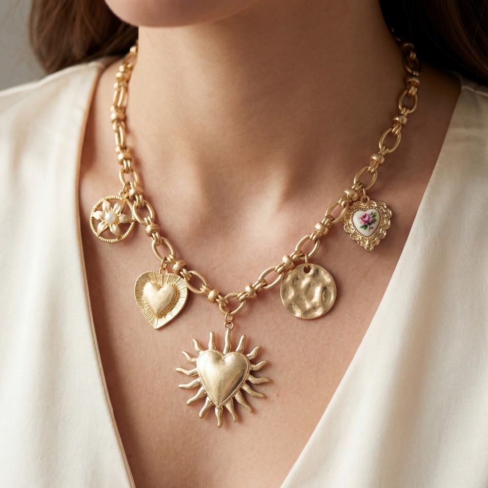 Chain Link Assorted Heart Charms Necklace