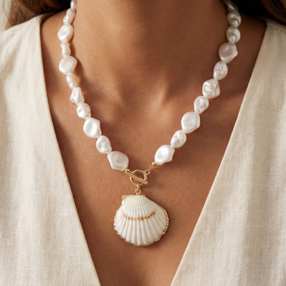Metallic Accent Sea Shell Pendant Pearl Beaded Necklace