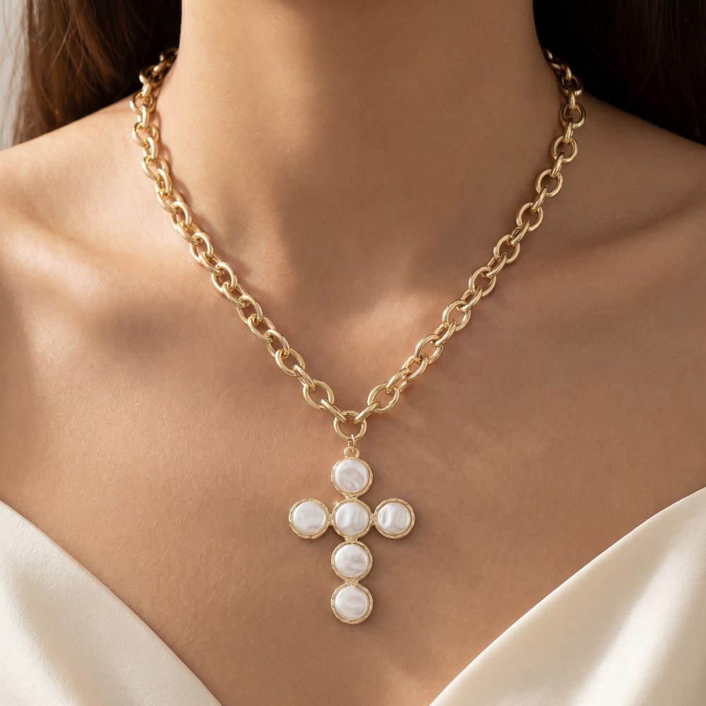 Pearl Discs Cross Pendant Necklace
