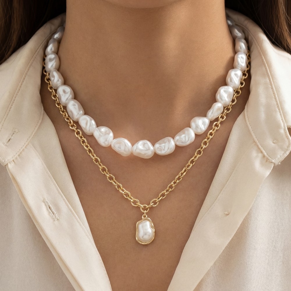 Layered Pearl Beaded Chain Pearl Pendant Necklace
