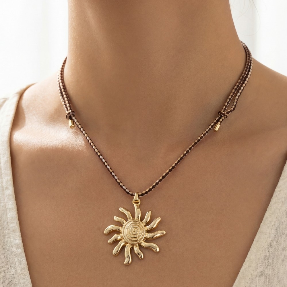 Adjustable Cotton Cord Sun Pendant Necklace