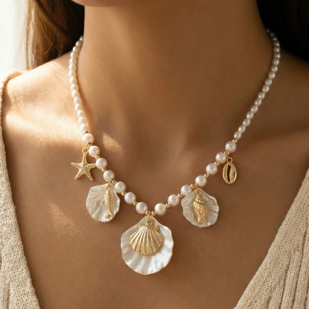 Pearl Shell Starfish Charms Pendant Necklace