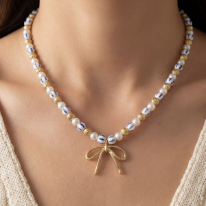 Blue Bead Pearl Bow Pendant Necklace