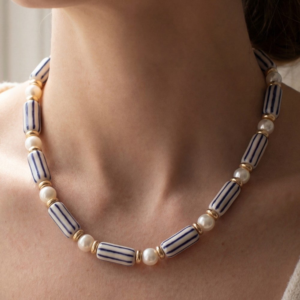 Pearl And Striped Ceramic Beads Necklace