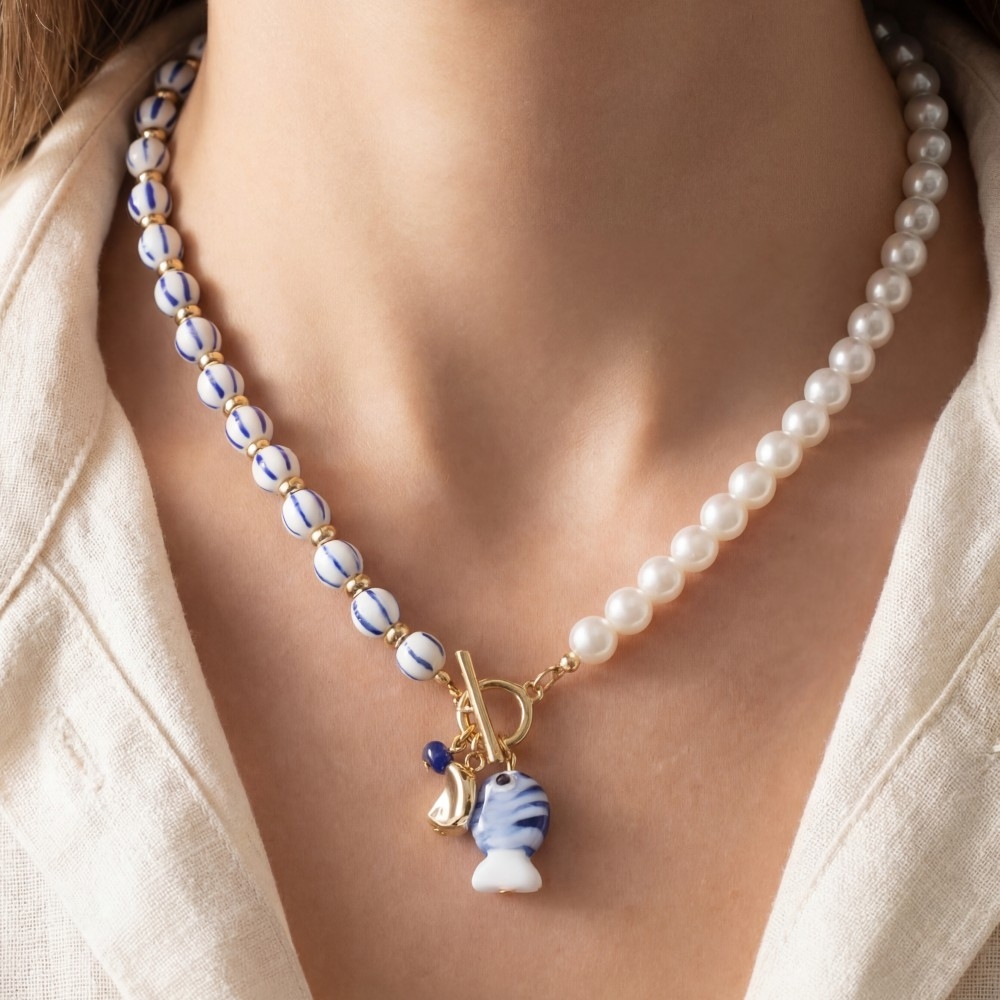 Blue Stripe Pearl Toggle Fish Pendant Necklace