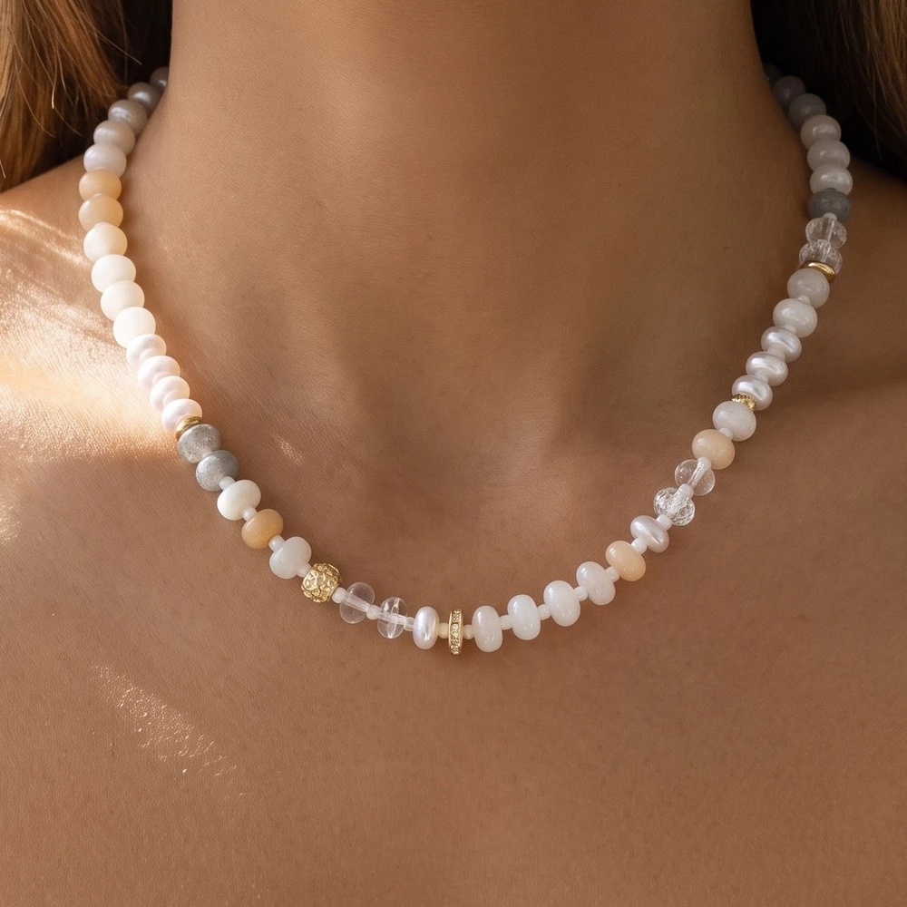 Semi Precious Stone And Pearl Beaded Necklace