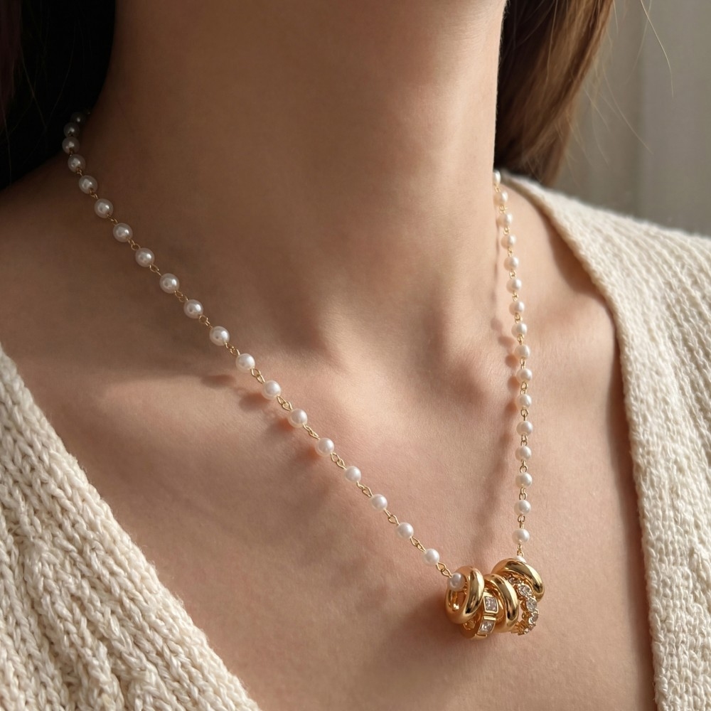 Pearl Chain Ring Cluster Charm Necklace