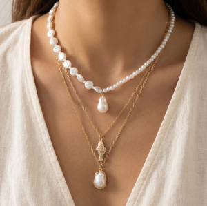 Layered Pearl Chain Fish Pendant Necklace
