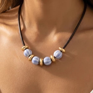 Leather Cord Striped Ceramic Bead Necklace