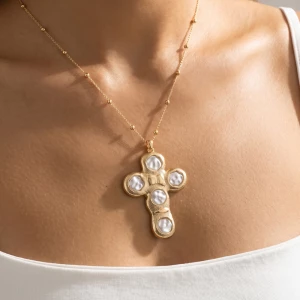 Round Pearl Inlay Cross Pendant Necklace
