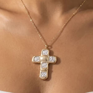 Square Pearl Inlay Cross Pendant Necklace