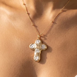 Sculpted Pearl Cross Bead Station Necklace