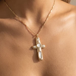 Organic Pearl Accent Cross Pendant Necklace