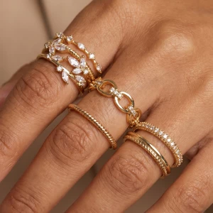 5 Piece Mixed Cz And Chain Stackable Ring Set