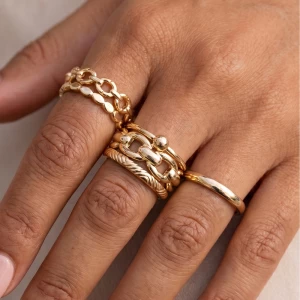 5 Piece Gold Chain And Band Ring Stack Set