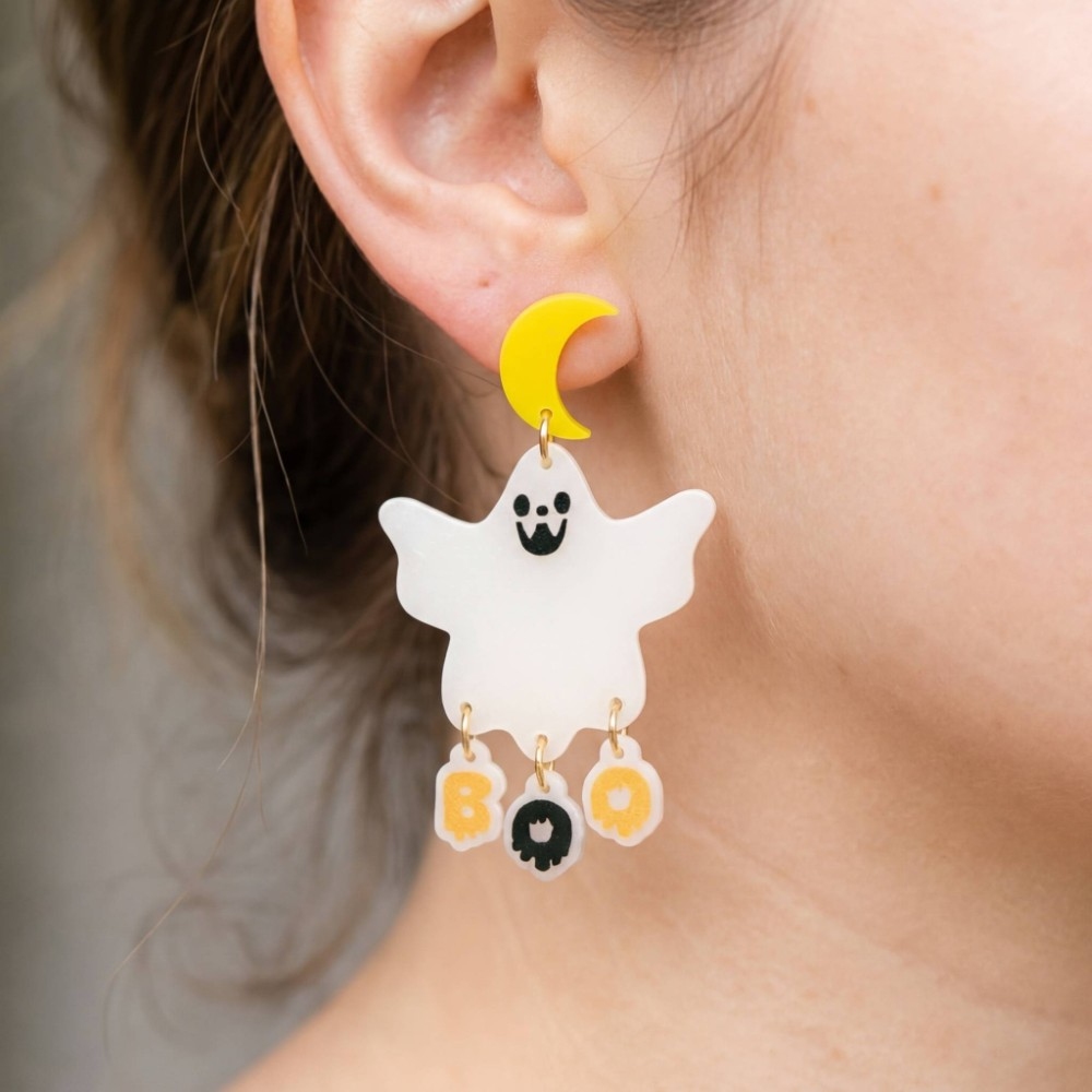 Glow In The Dark Moon And Ghost Halloween Dangle Earrings