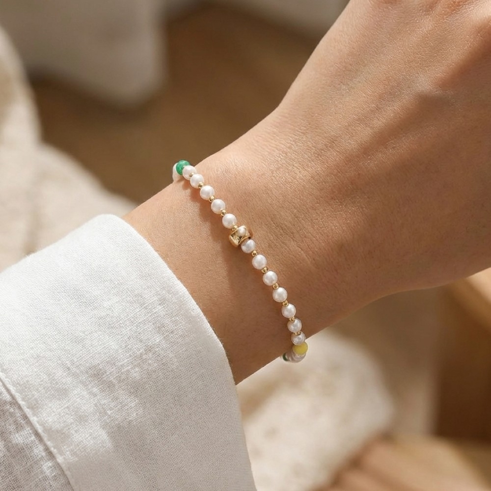 Mini Pearl And Glass Beaded Elastic Bracelet