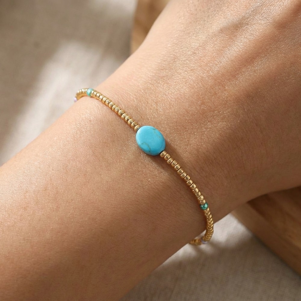 Faceted Stone Charm Mini Metallic Beaded Bracelet