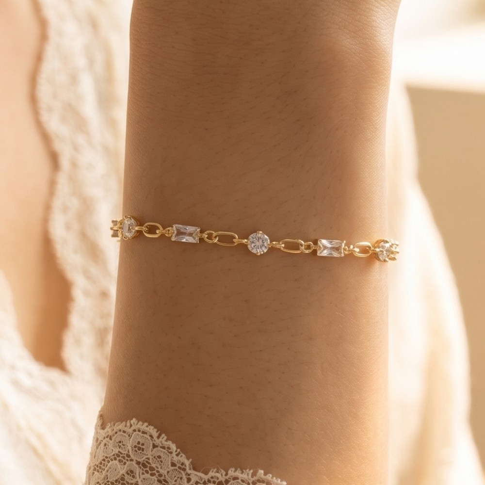 Mixed Round & Baguette Cz Station Chain Bracelet