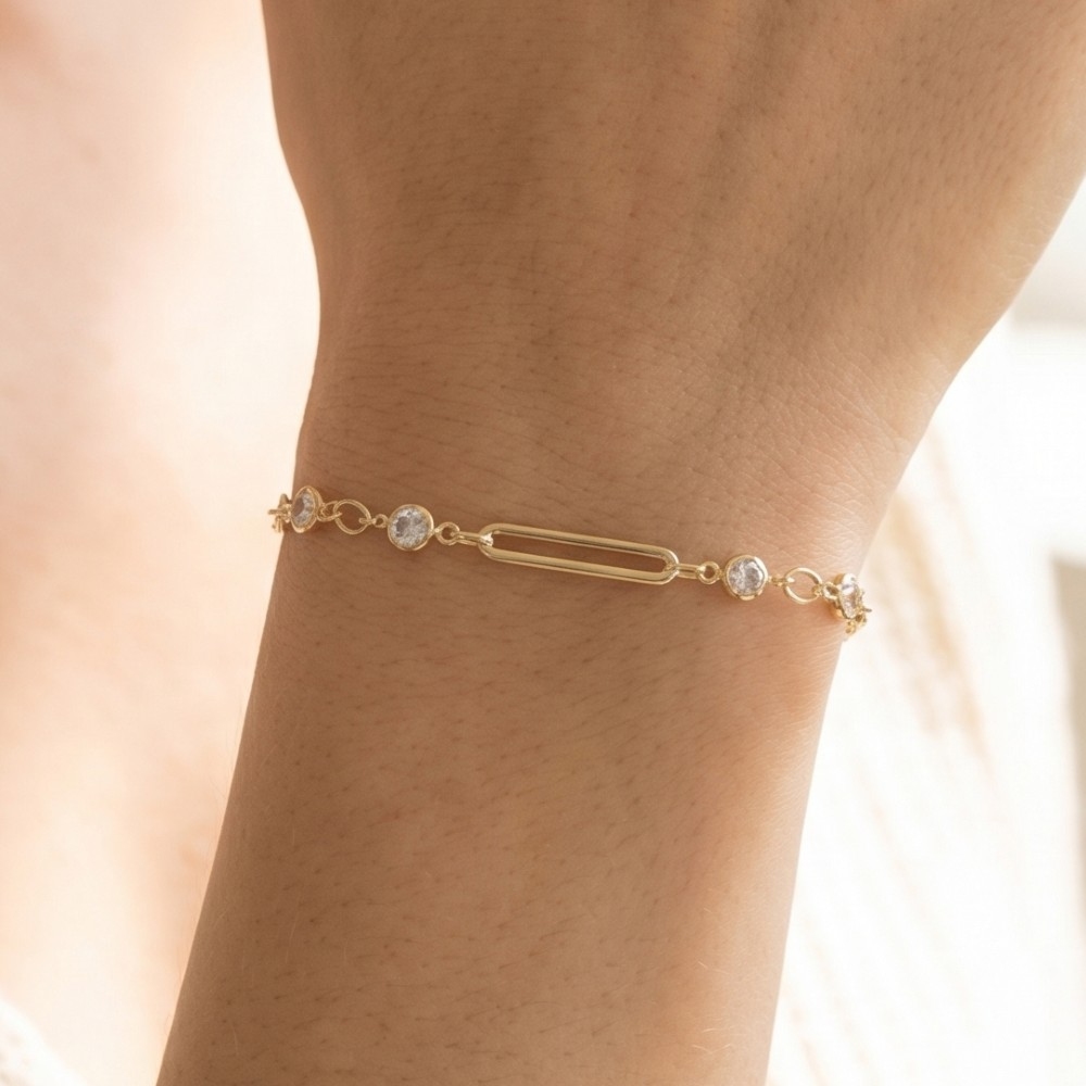 Bar & Round Cz Bezel Station Chain Bracelet