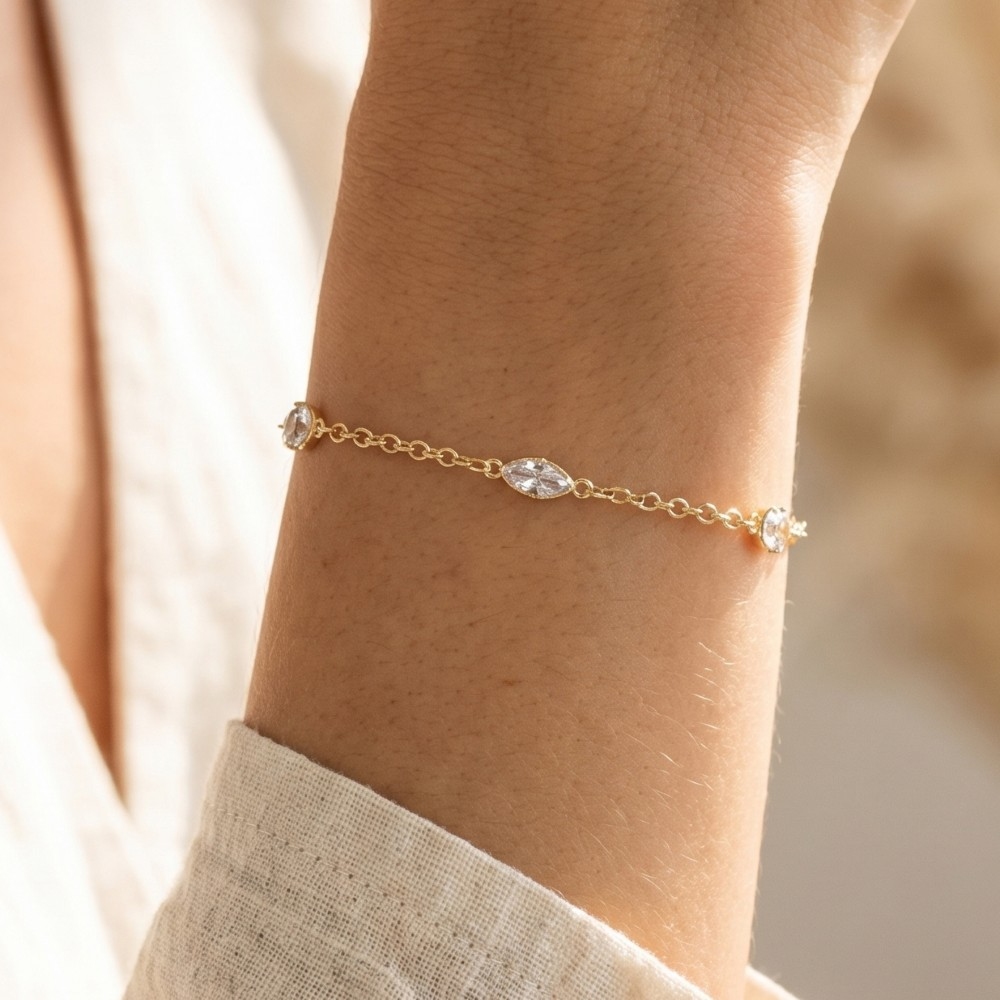 Oval Cz Bezel Station Chain Bracelet