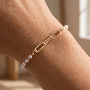 Pearl Bead And Paperclip Chain Link Bracelet
