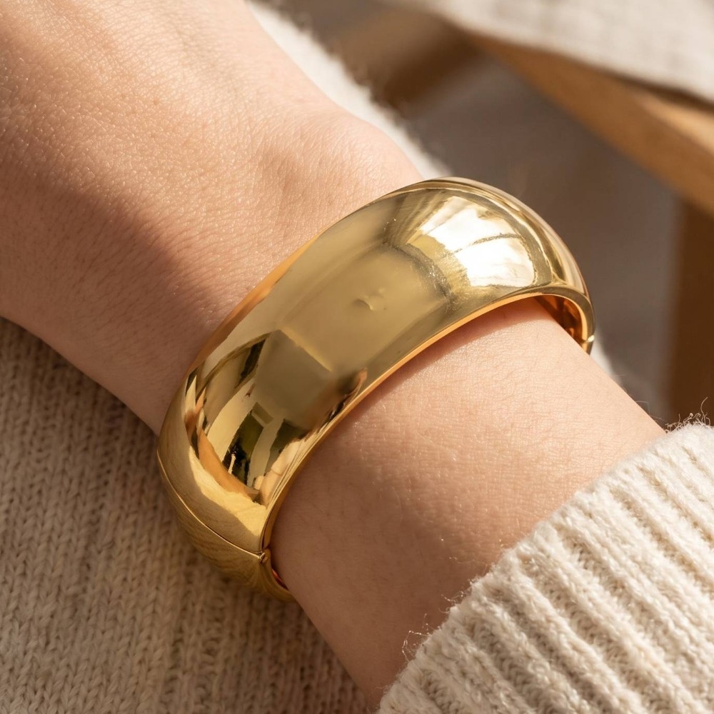 Wide Smooth Dome Hinged Bangle Bracelet