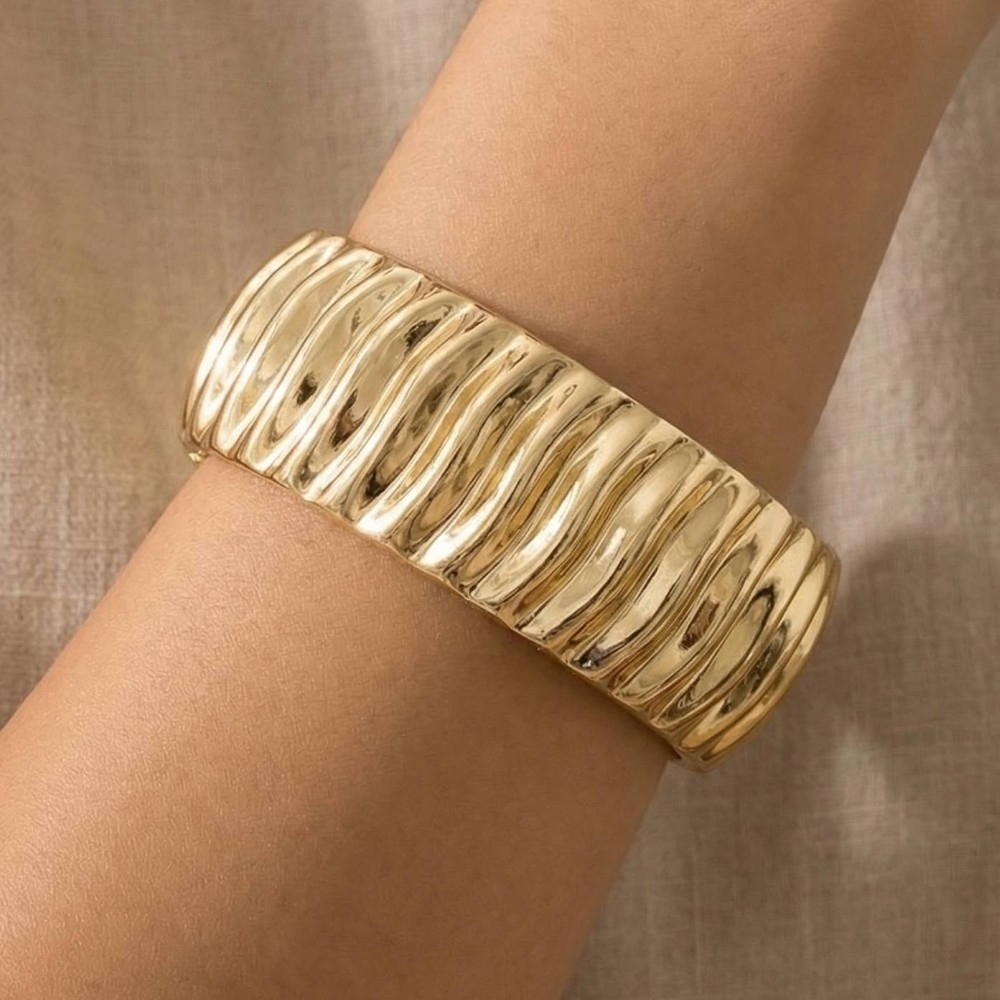 Gold Dipped Textured Wide Hinge Bangle Bracelet