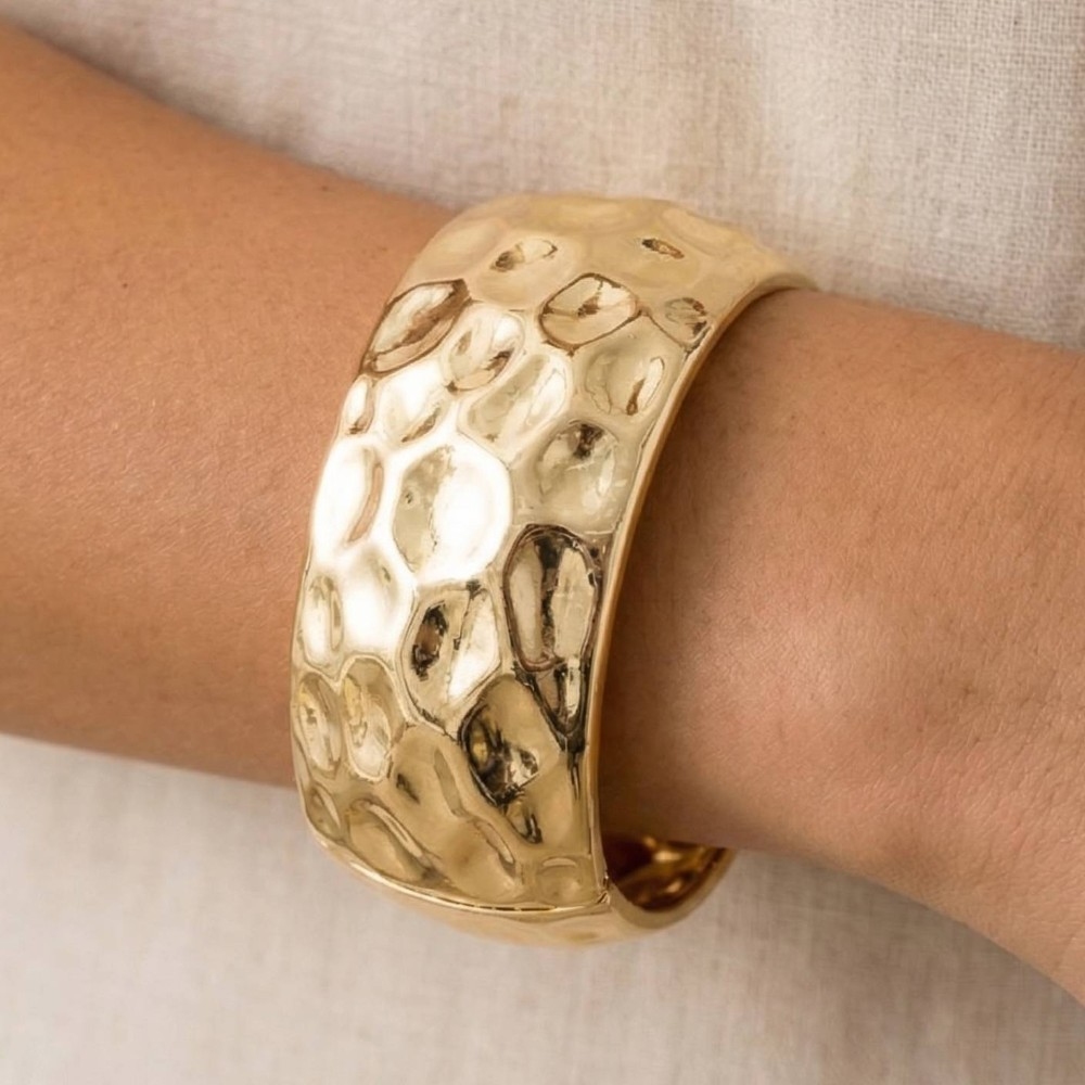 Gold Dipped Hammered Curved Hinge Bangle Bracelet