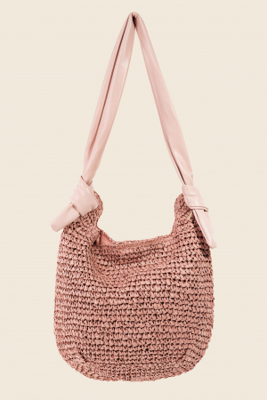 Leather Handle Straw Braided Tote Bag