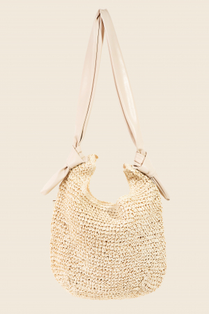 Leather Handle Straw Braided Tote Bag