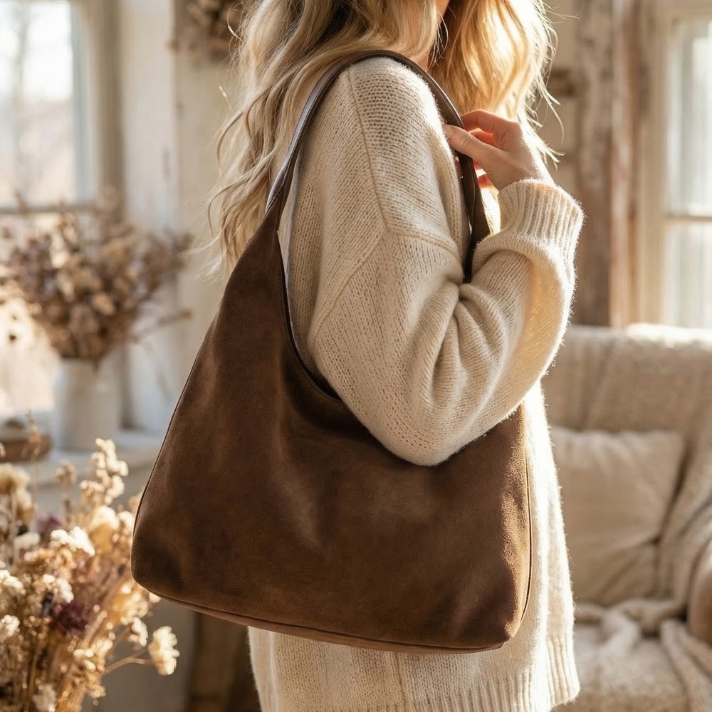 Large Minimalist Suede Hobo Shoulder Bag