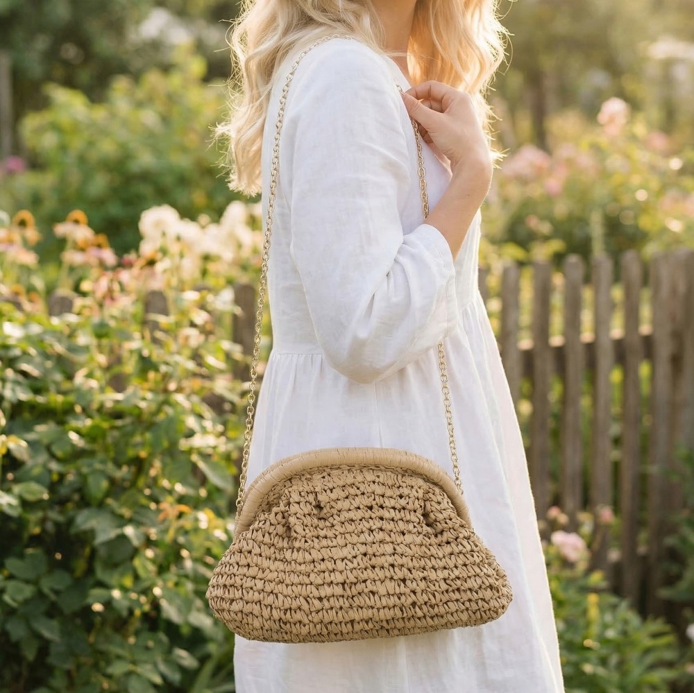 Woven Raffia Frame Shoulder Bag