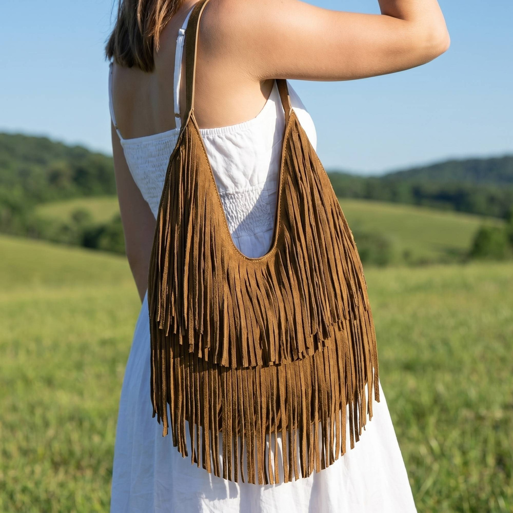 Vegan Leather Double Fringe Hobo Handbag